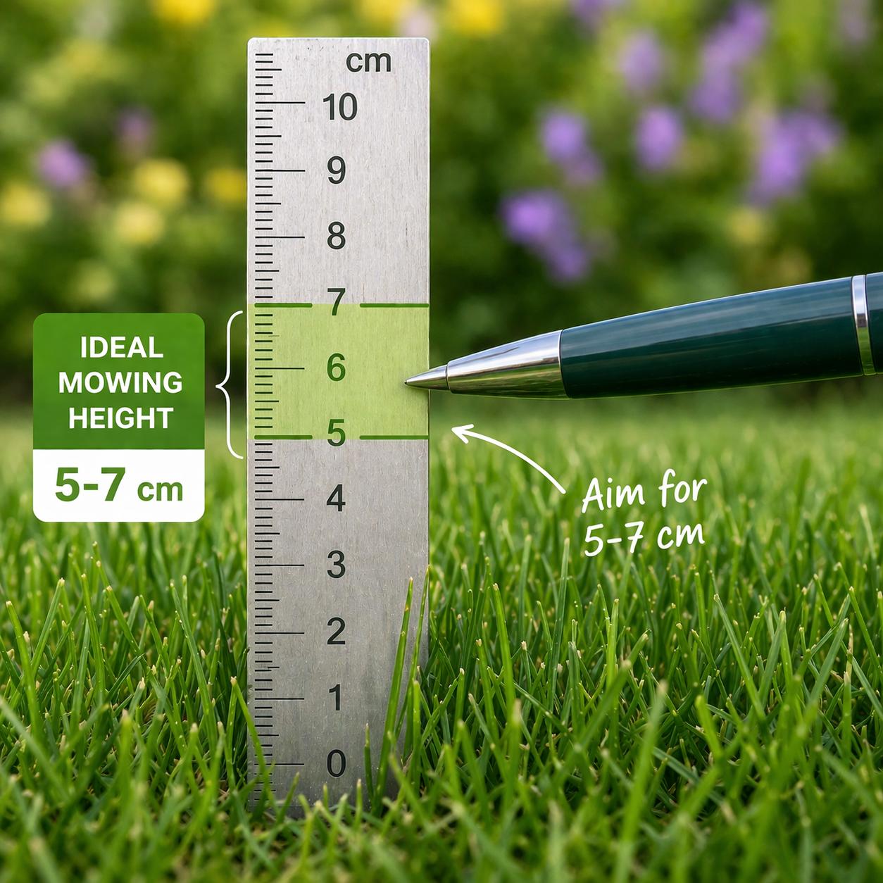 Measuring lawn grass height with ruler showing ideal mowing height of 5 to 7 cm.