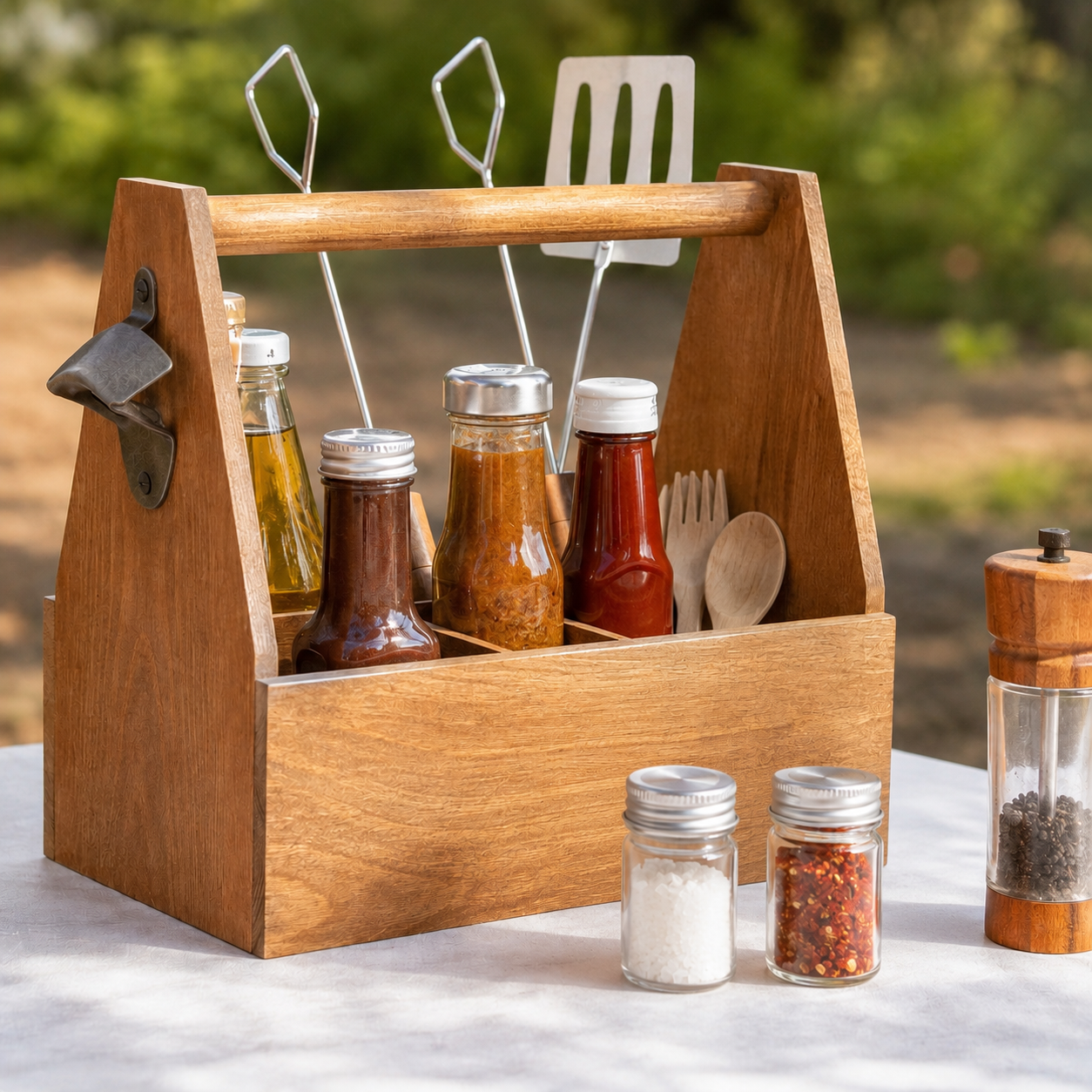 A representation of wooden BBQ caddy filled with sauces, seasonings, utensils, and grilling tools.