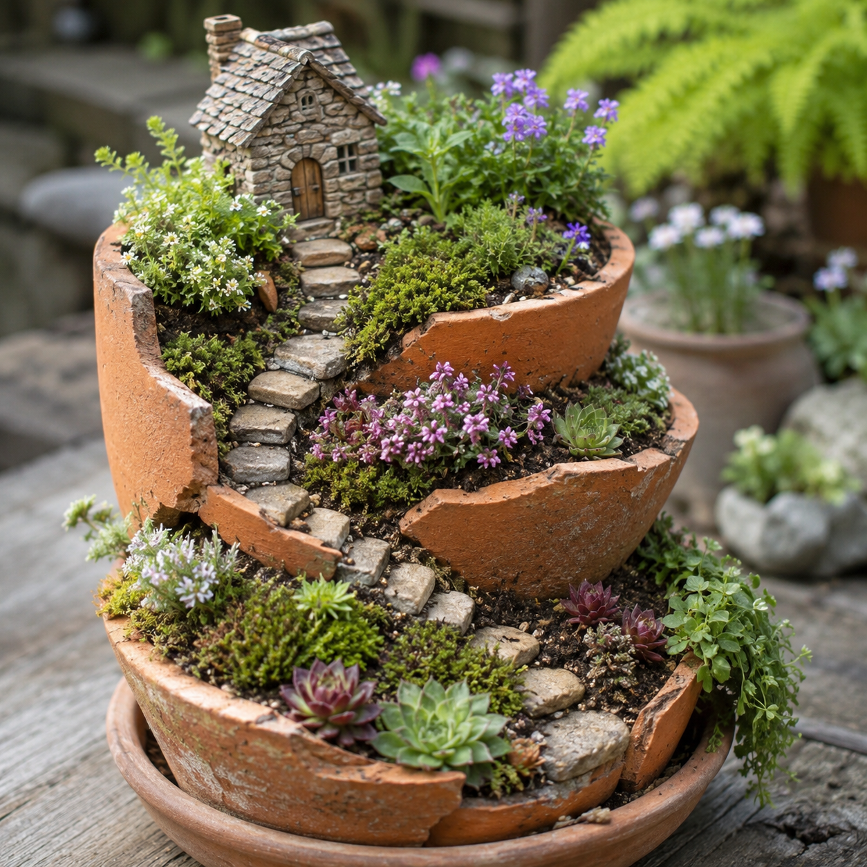 Representation of a repurposed terracotta pot used to create a miniature garden
