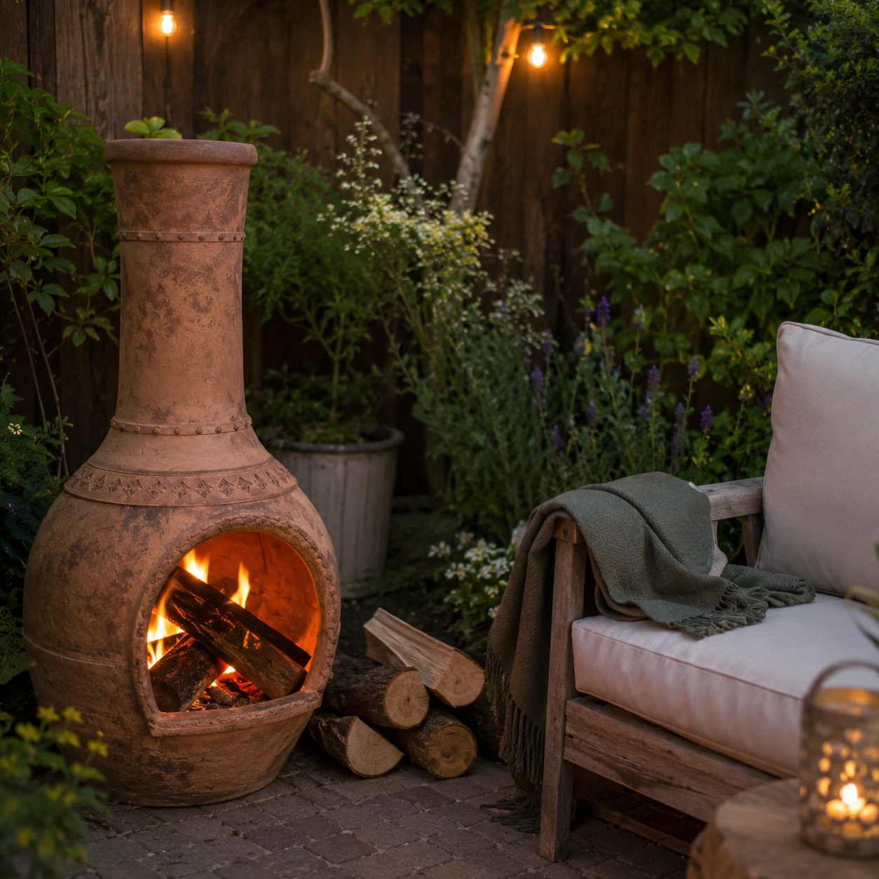 A Representation of a Traditional terracotta chiminea glowing with a wood fire on a paved patio, with seating and planting to create a cosy outdoor retreat.