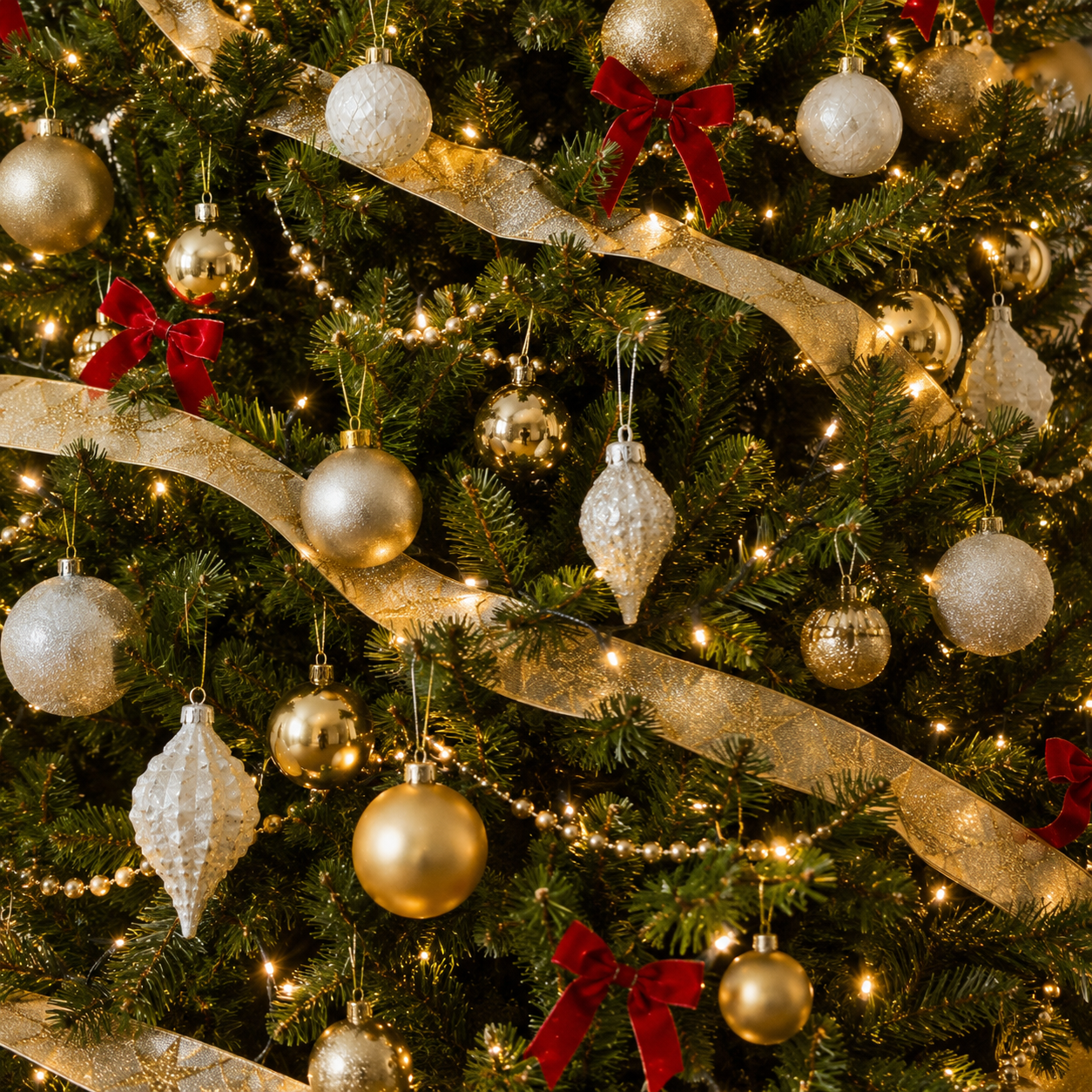 Christmas tree decorated using layered ribbons, fairy lights, bead garlands and baubles to create depth and a professionally styled festive display.