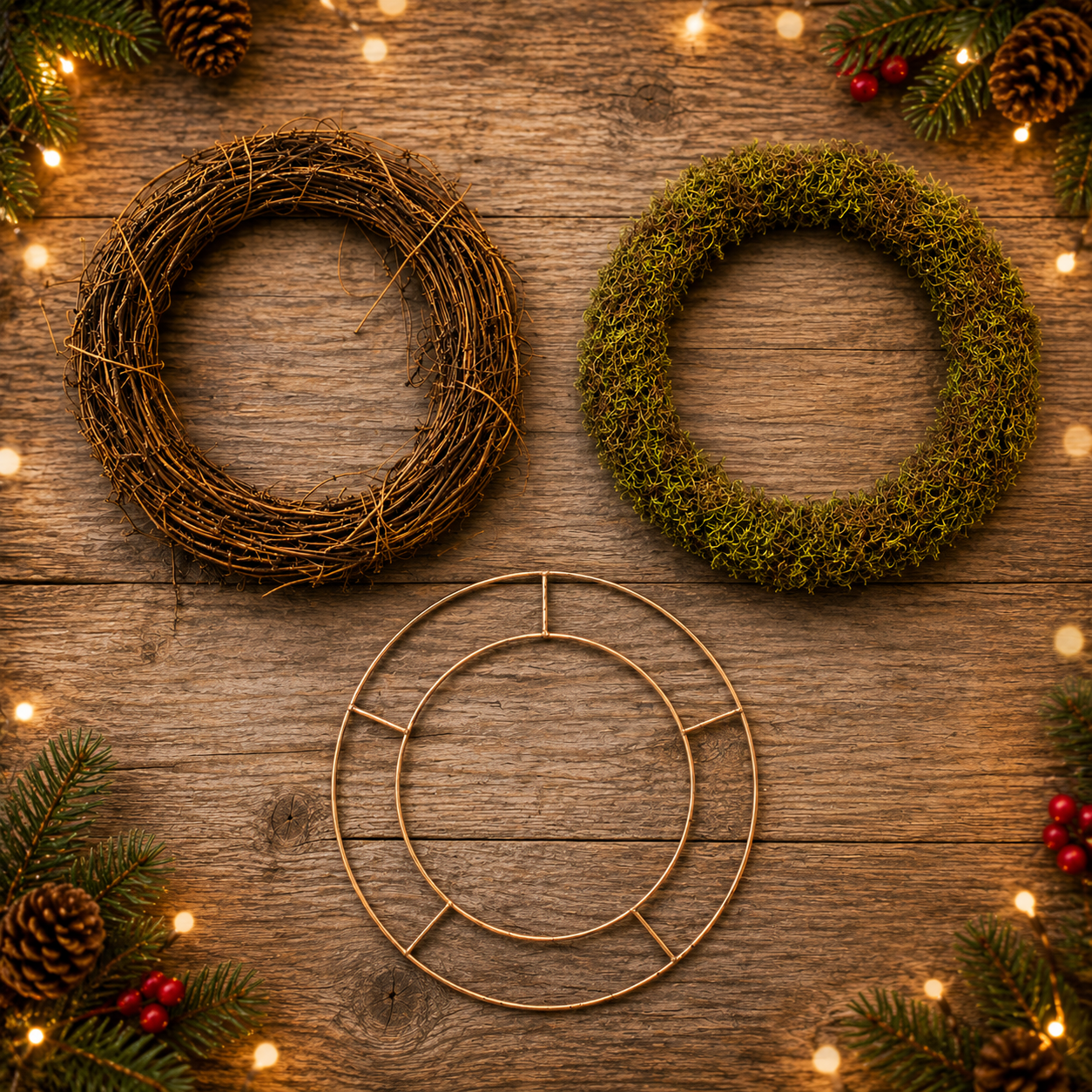 Wreath bases on a rustic wooden background with festive Christmas lights
