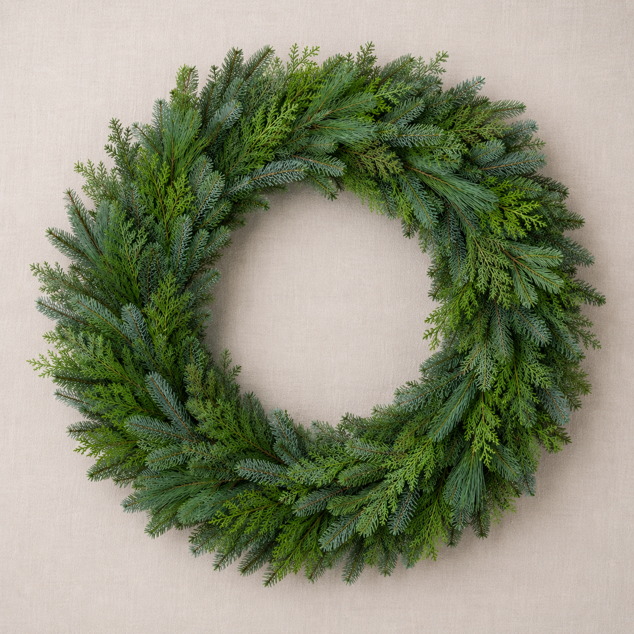 Evergreen Christmas wreath made from layered bundles of mixed greenery.