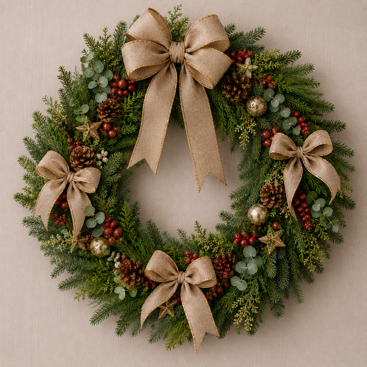 Completed Christmas wreath fully decorated with greenery, gold bows, pinecones, berries, eucalyptus, ornaments, and star embellishments, ready to hang.