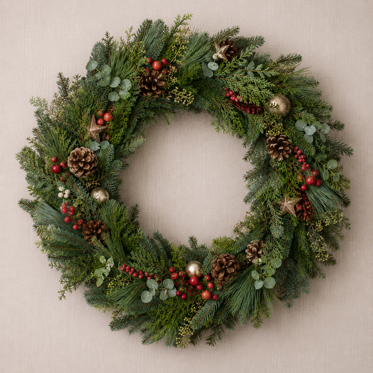 Adding decorative elements to a handmade evergreen Christmas wreath, including pinecones, berries, eucalyptus, and gold ornaments.