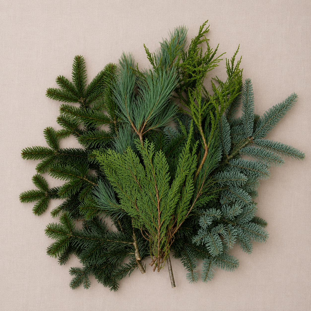 Mixed evergreen branches in varying textures and shades of green ready for Christmas wreath making.