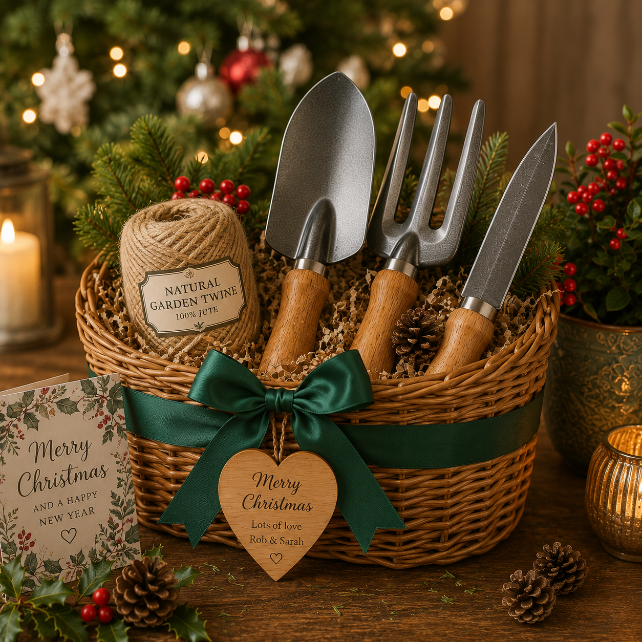 Gift box containing hand trowel and fork, Hori-Hori Knife and twine, ideal as a Christmas gift for gardeners