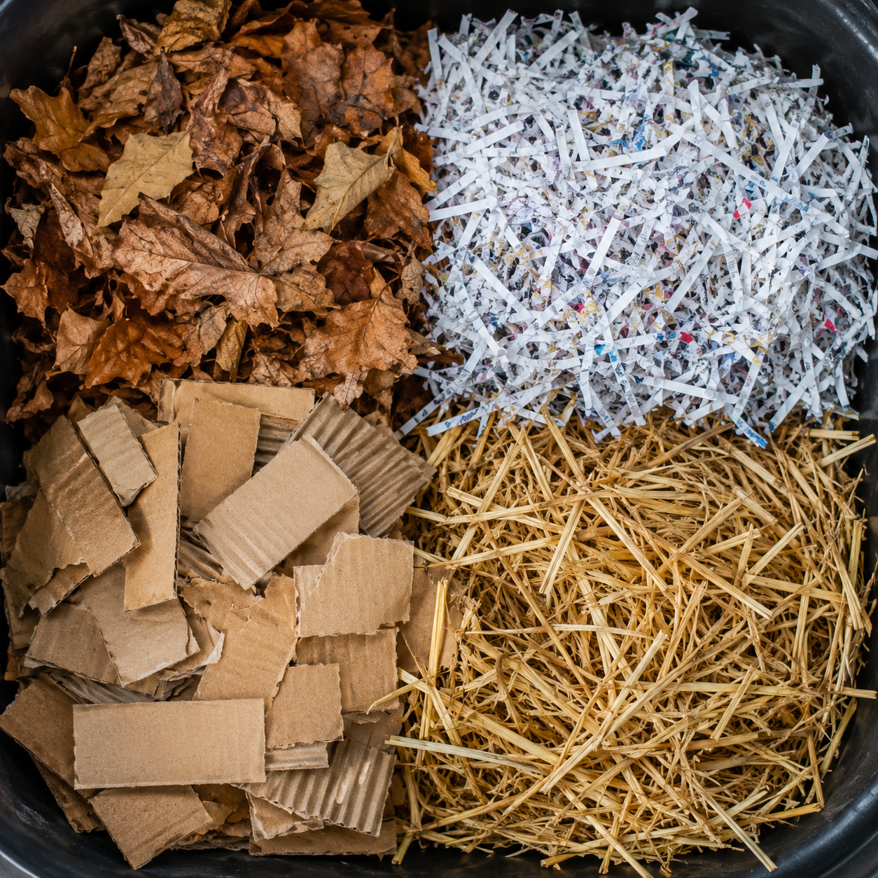 A Representation of types of brown compost waste. Dry leaves, shredded paper, cardboard, straw