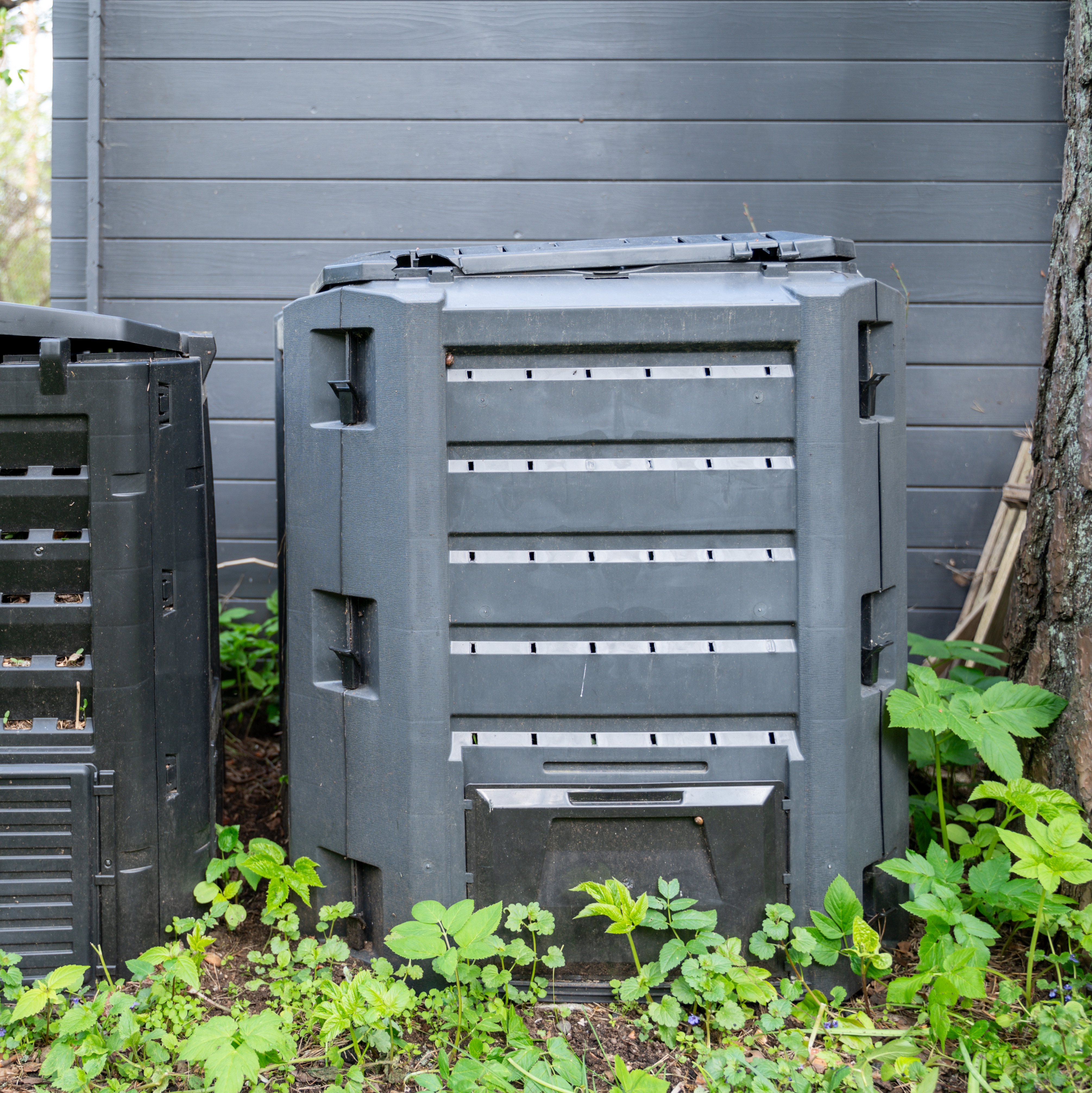 Plastic compost bin with a removable access hatch for collecting finished compost