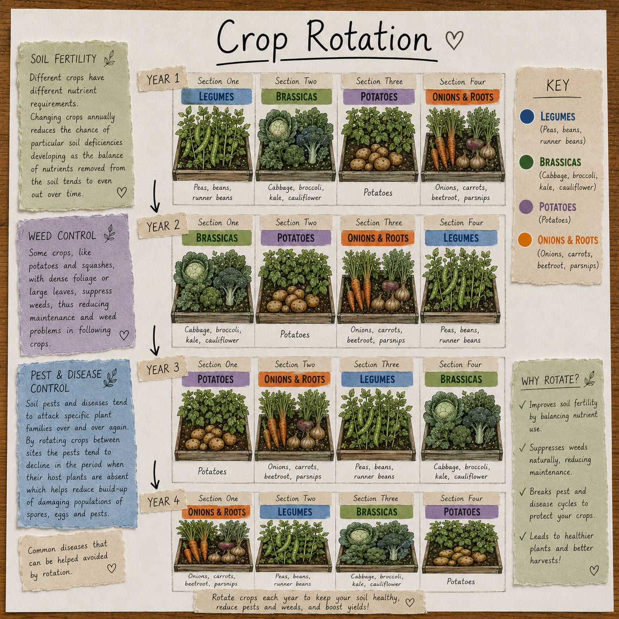 Hand-drawn crop rotation infographic showing a four-year organic gardening plan with colour-coded vegetable groups and illustrated raised beds.