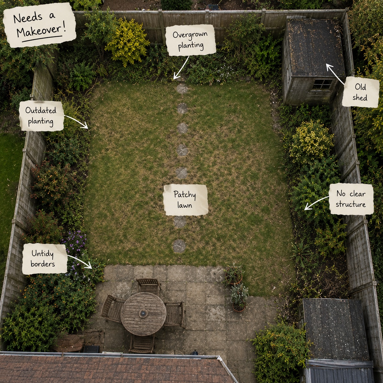 Overhead view of an existing garden highlighting areas for improvement before planning a garden redesign.