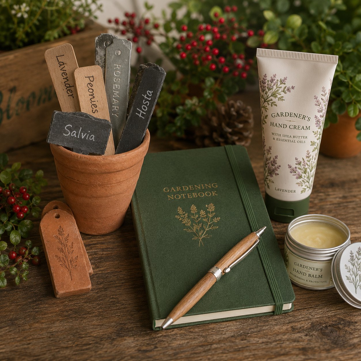 Plant labels, gardening notebook, moisturising hand cream and protective hand balm arranged as thoughtful Christmas gifts for gardeners.