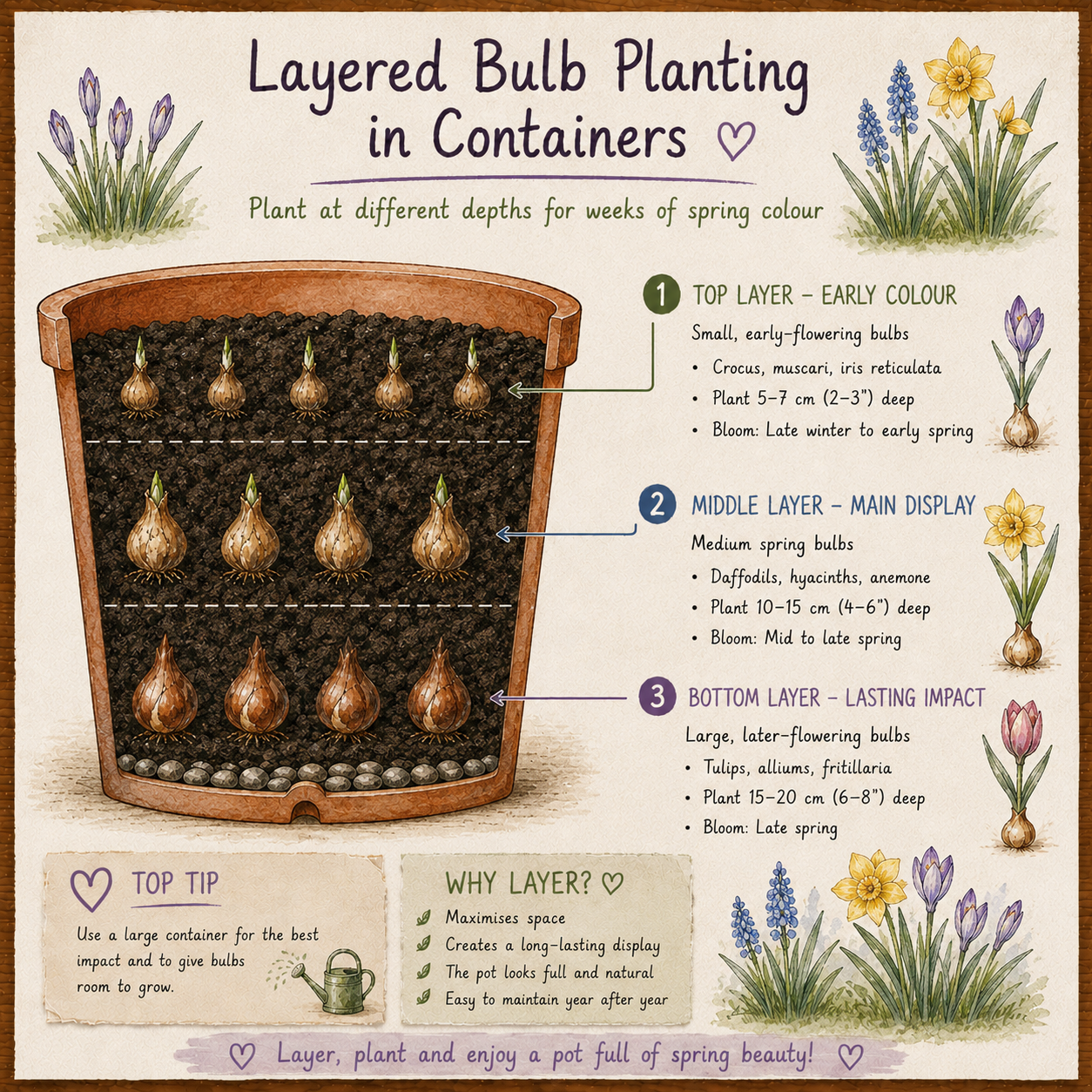 A graphic showing the principles of planting bulbs in layers