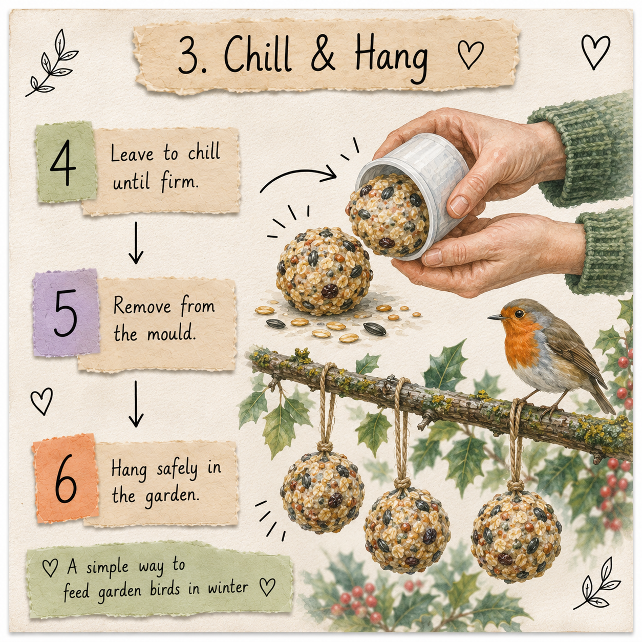 Illustrated step-by-step guide showing homemade fat balls being removed from a yoghurt pot after chilling and hung safely on a tree branch