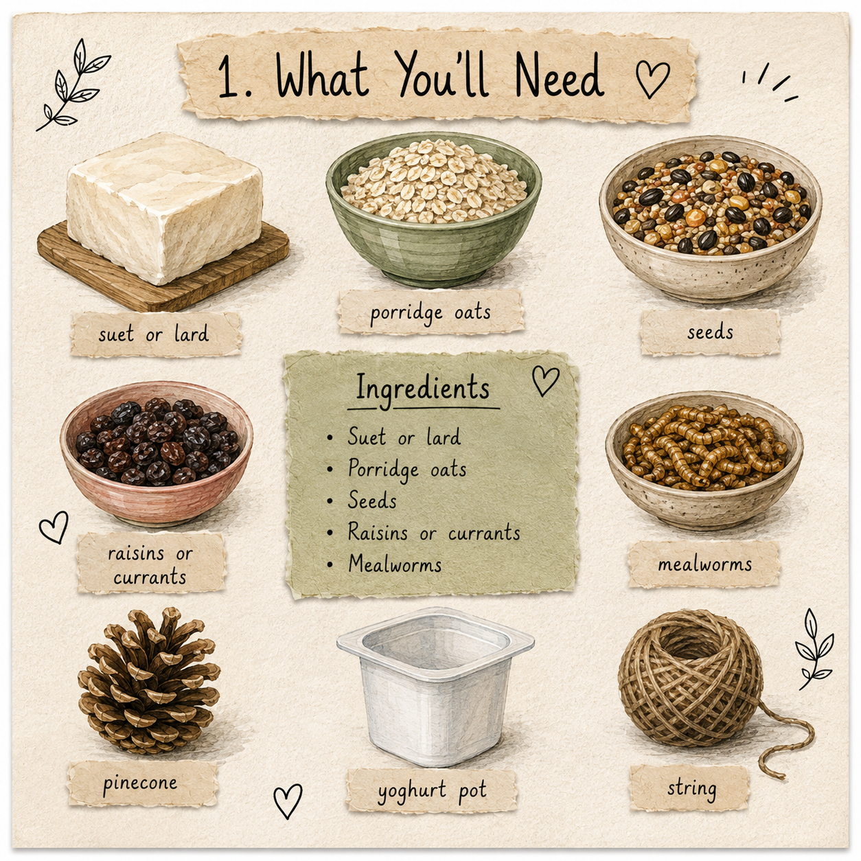 Illustrated guide showing the ingredients and equipment needed to make homemade fat balls for garden birds
