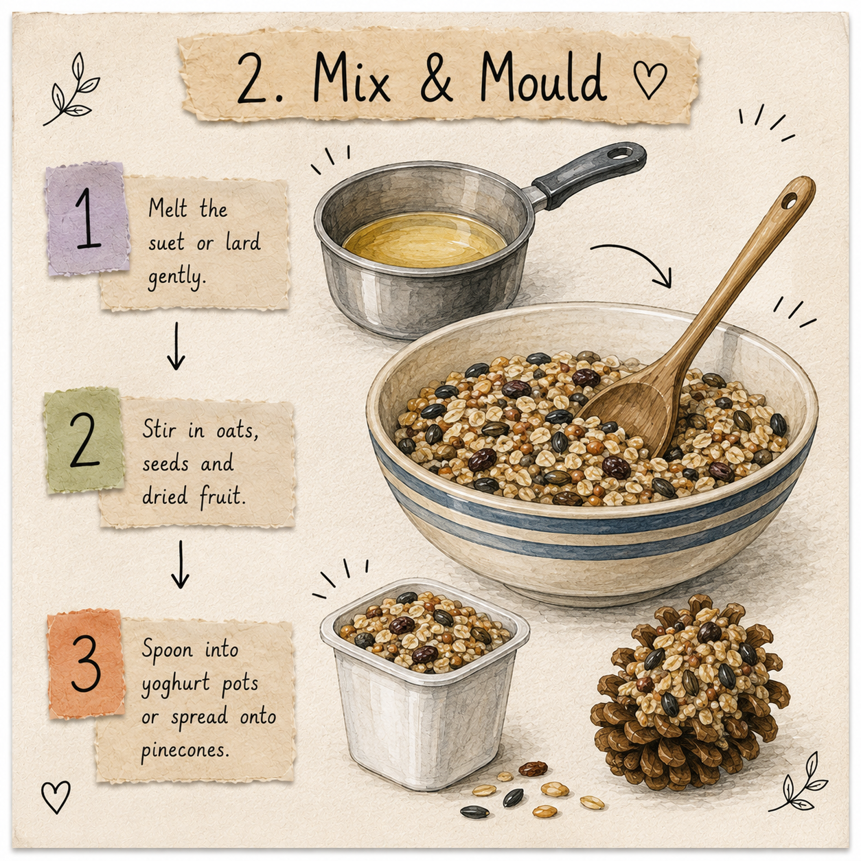Illustrated step-by-step guide showing how to make the mixture for fat balls