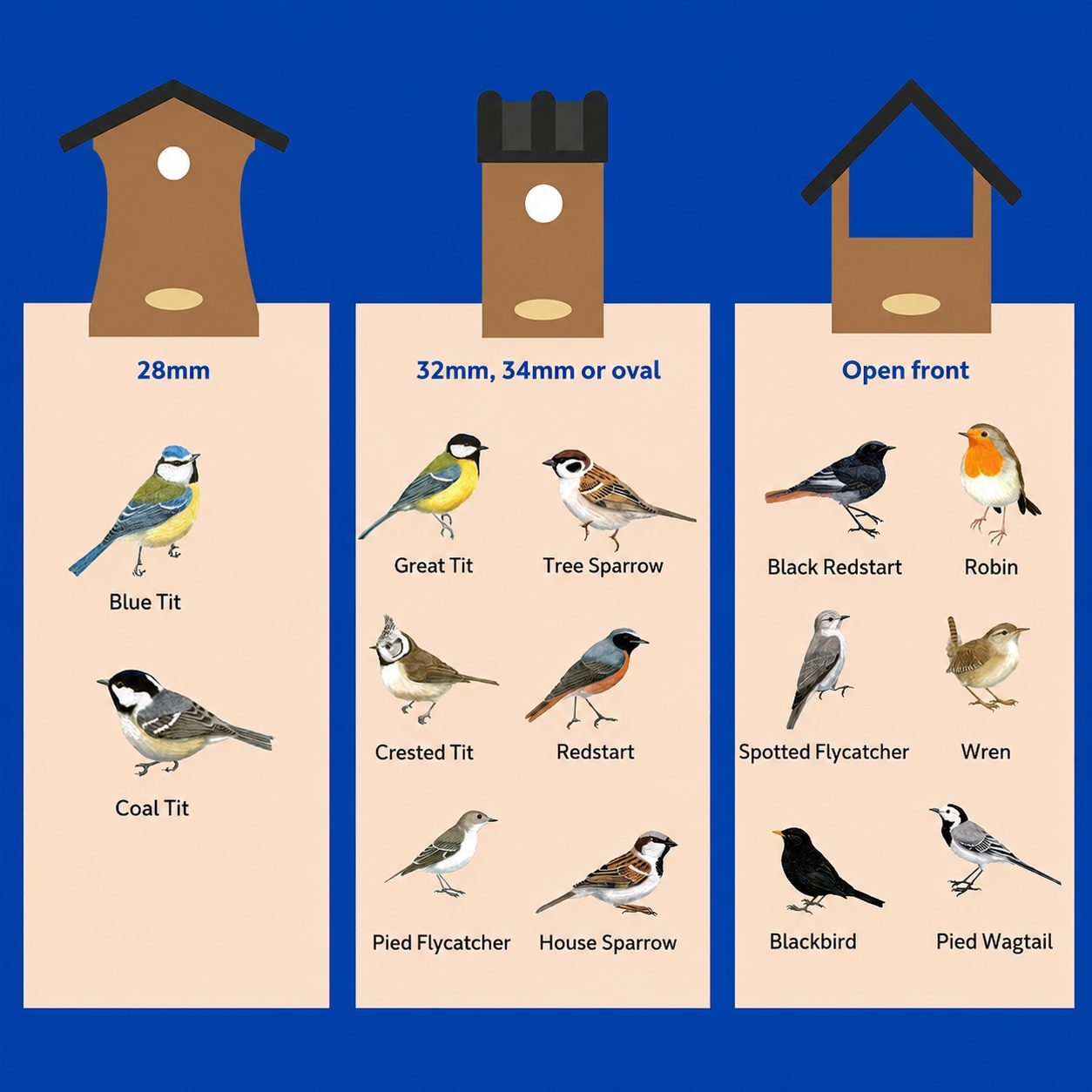 Infographic detailing which type of nest box attracts different birds