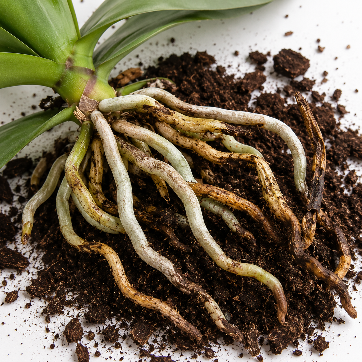 Representation of an orchid with some roots showing signs consistent with root rot