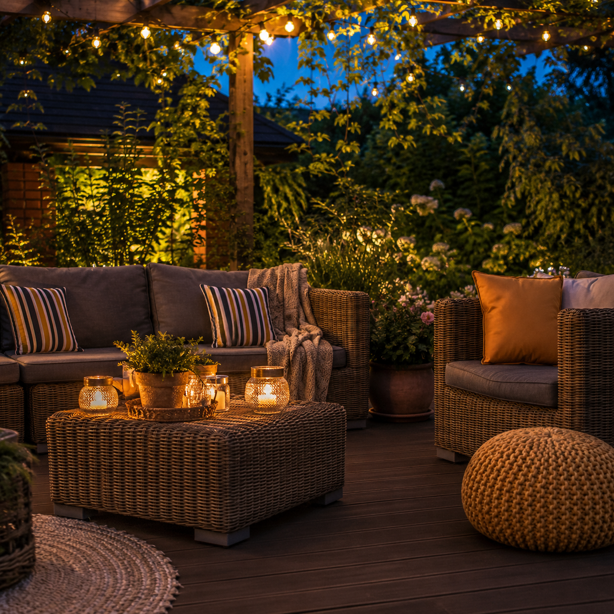 Illustration of outdoor lighting ideas, showing a cosy garden seating area at twilight with fairy lights, LED jar lanterns