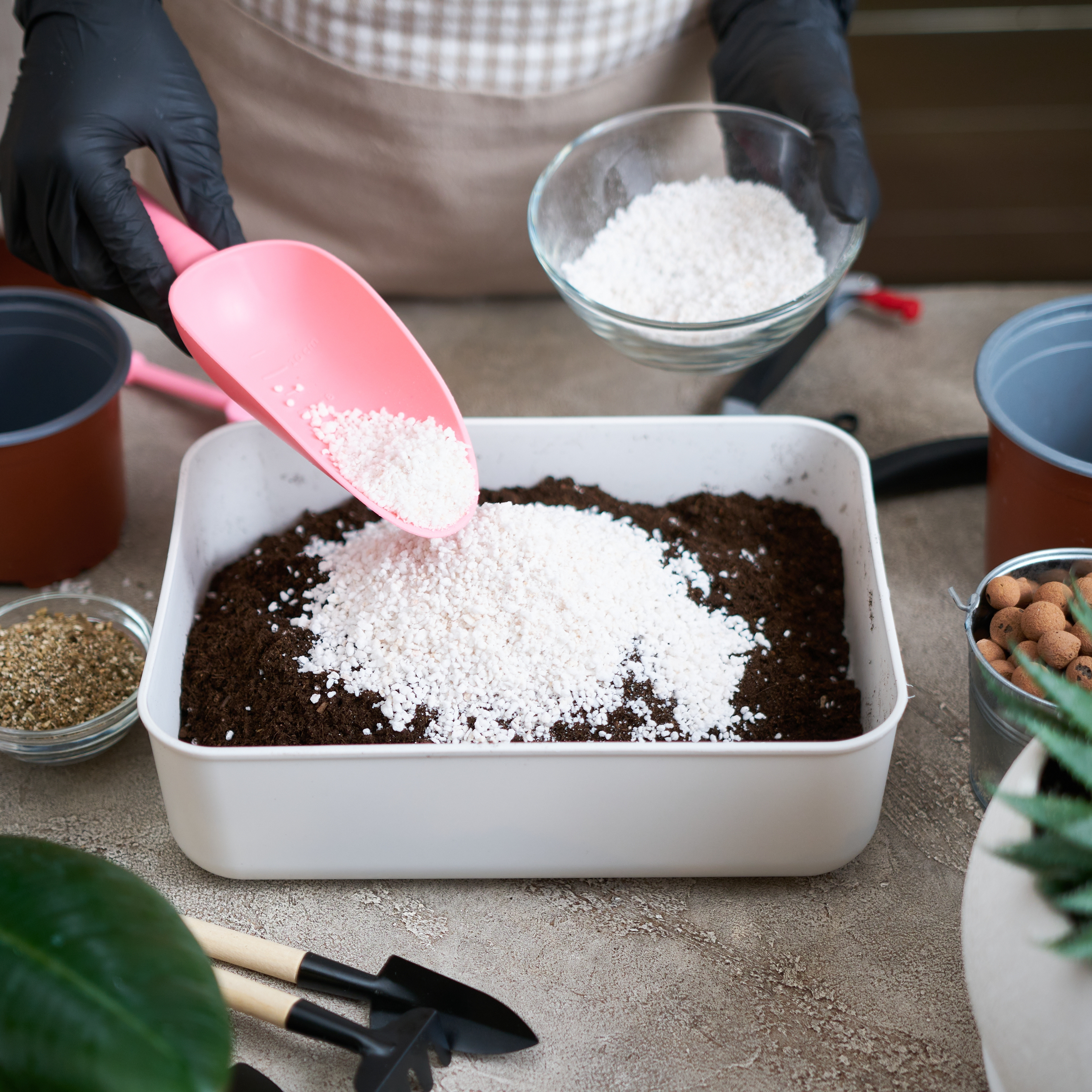 Adding horticultural perlite to compost