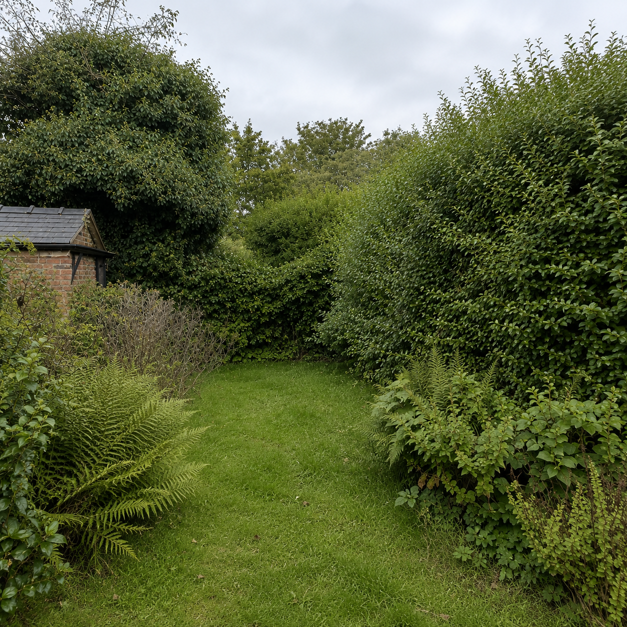 A visual representation of an overgrown hedge in a garden setting