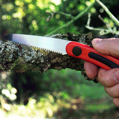 A pruning saw is used for cutting through thicker, woody stems and branches that are too large for secateurs or loppers