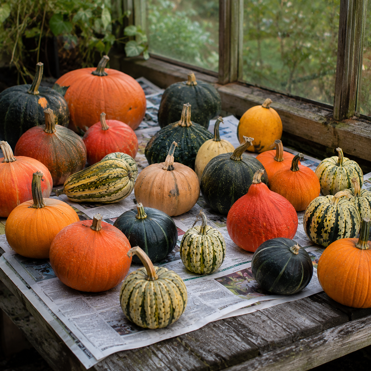 Illustration : An array of pumpkins curing on a window sill prior to storage