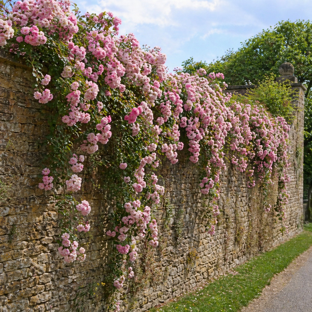 A representation of abundant pink roses tumbling over a stone wall