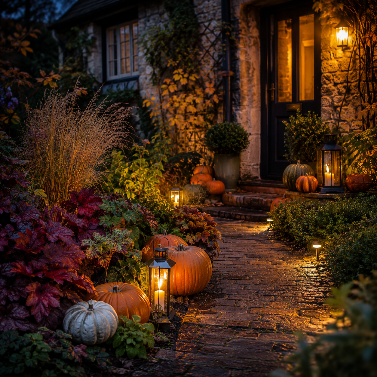 Illustration: An example of an autumn entrance display using pumpkins, lanterns and seasonal planting.