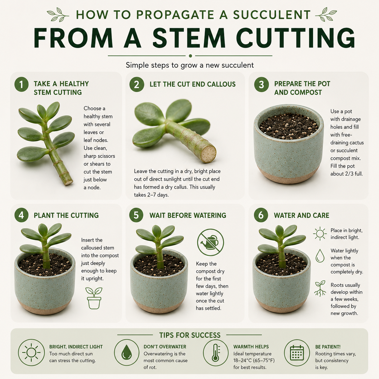 Infographic showing the steps for propagating a succulent from a stem cutting