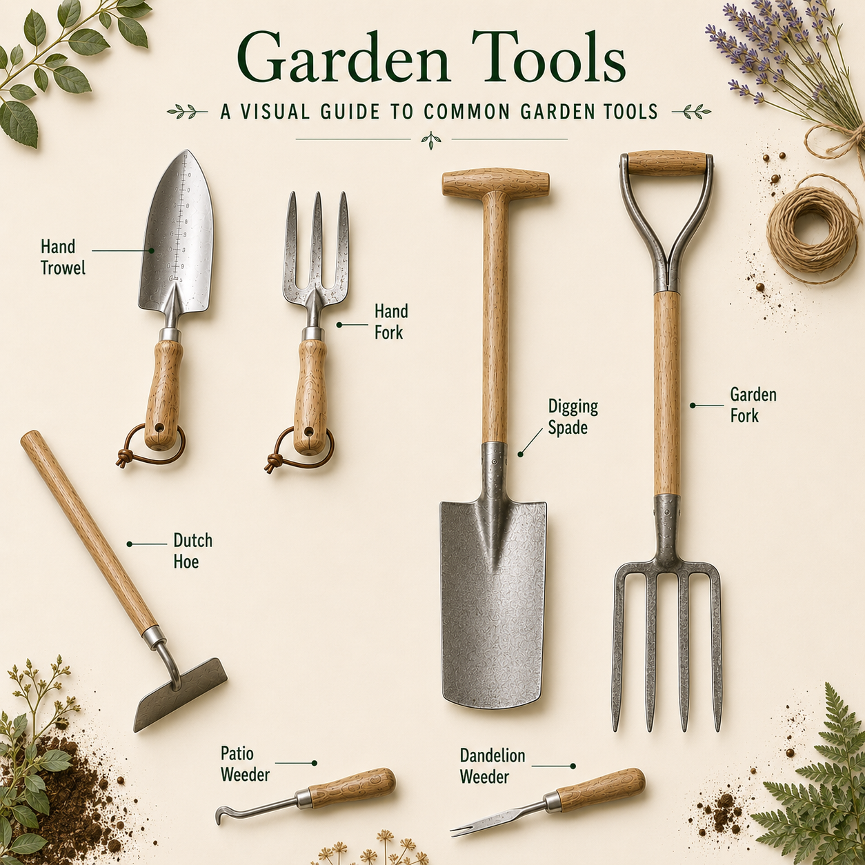 A representation of common garden tools for digging and weed control