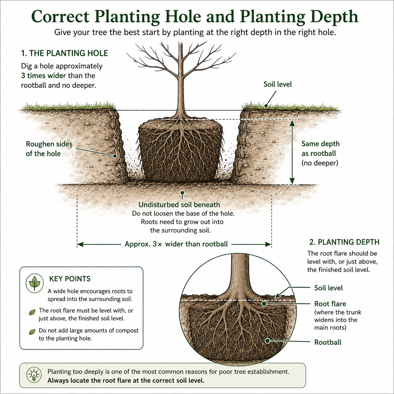 Diagram showing how to plant a tree correctly, including the recommended planting hole dimensions, root flare at soil level and proper planting depth.