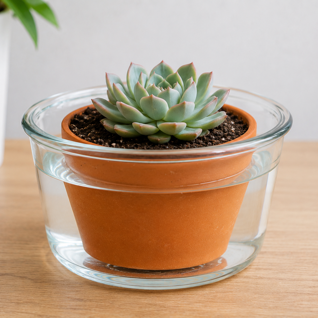 Succulent plant in a terracotta pot standing in a glass bowl of water, demonstrating the soak-and-drain method of watering from below.
